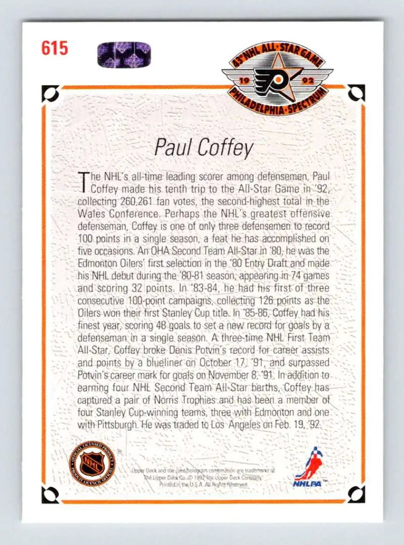 Hockey trading card of Paul Coffey from the Pittsburgh Penguins by Upper Deck