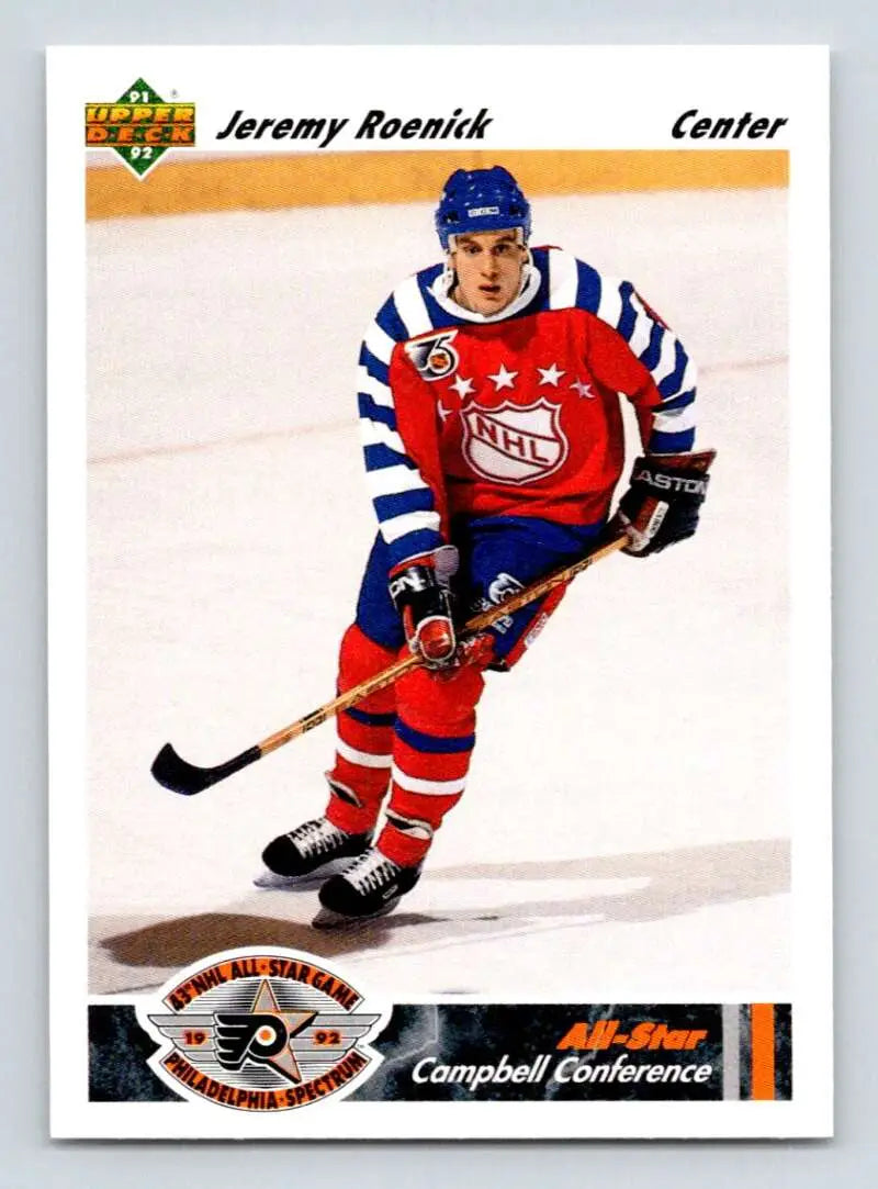 Hockey player in NHL All-Star jersey skating, featuring Jeremy Roenick of Chicago Blackhawks