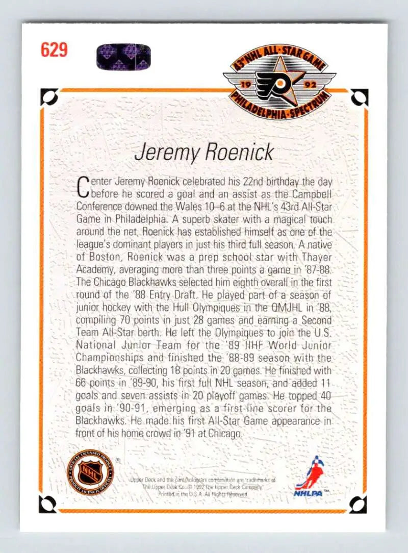 Hockey trading card featuring Jeremy Roenick with Chicago Blackhawks logos and bio