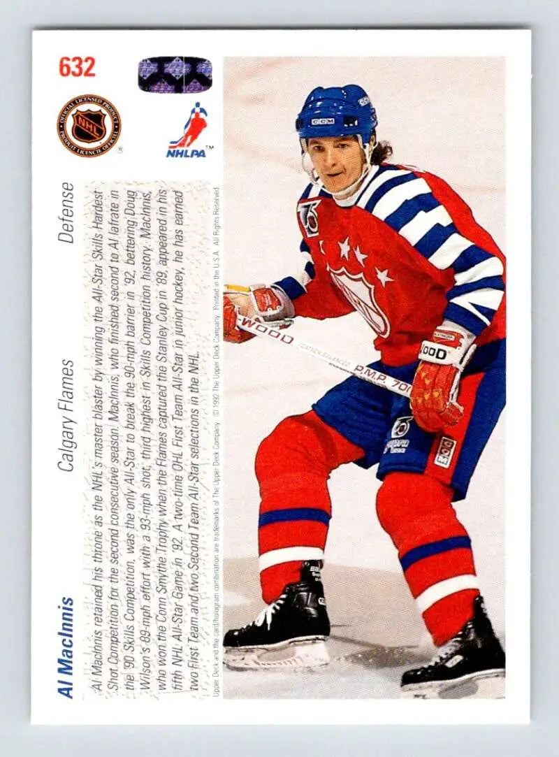 Hockey player in action wearing red, white, and blue uniform for Calgary Flames hockey card