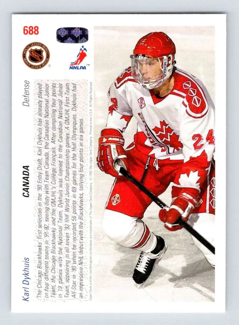 Hockey player in red and white Team Canada jersey number 24 on Karl Dykhuis hockey card