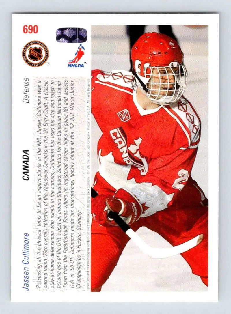 Hockey player in red Team Canada jersey showcasing Jassen Cullimore rookie hockey card