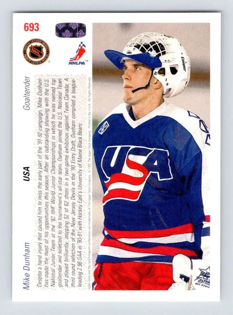 Hockey player in Team USA jersey on 1991-92 Upper Deck Mike Dunham rookie card