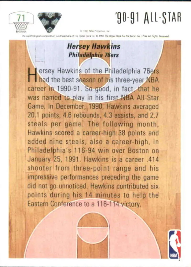 Basketball card featuring Hersey Hawkins stats for the Philadelphia 76ers 1990-91 season