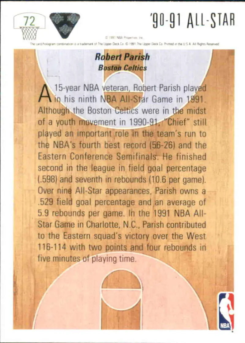 1991-92 Upper Deck #72 Robert Parish AS Basketball Card featuring Boston Celtics biography