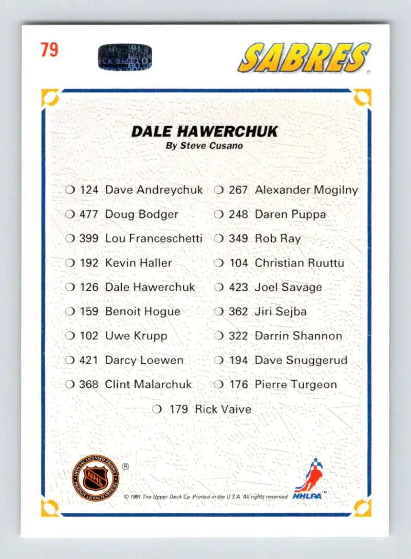 Back of 1991-92 Upper Deck #79 Dale Hawerchuk Hockey Card with player roster list