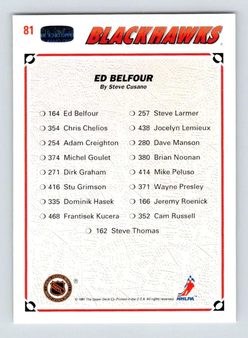 Hockey card featuring Chicago Blackhawks roster from 1991-92 Upper Deck #81 Ed Belfour