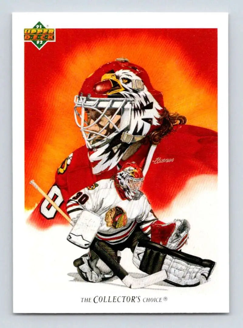Hockey goalie Ed Belfour in a Chicago Blackhawks uniform making a save motion