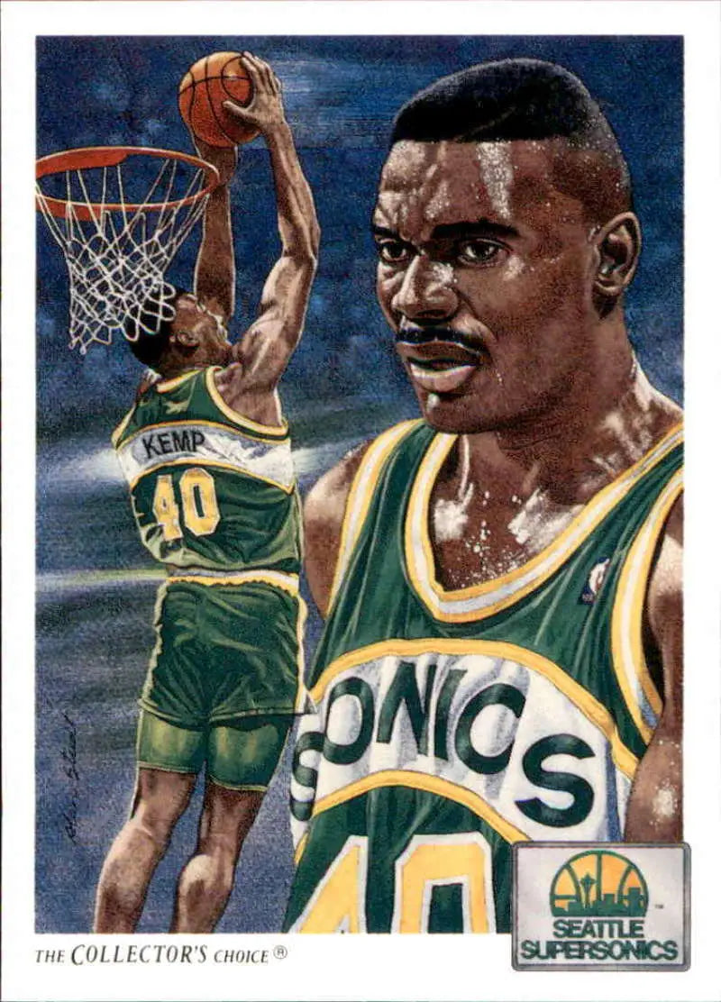 Shawn Kemp dunking in Seattle Supersonics uniform, featured on basketball card