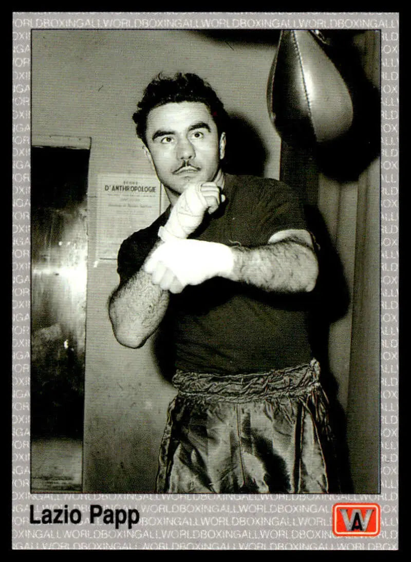 Black and white image of a boxer in training gear for Lazlo Papp NM-MT Boxing Card