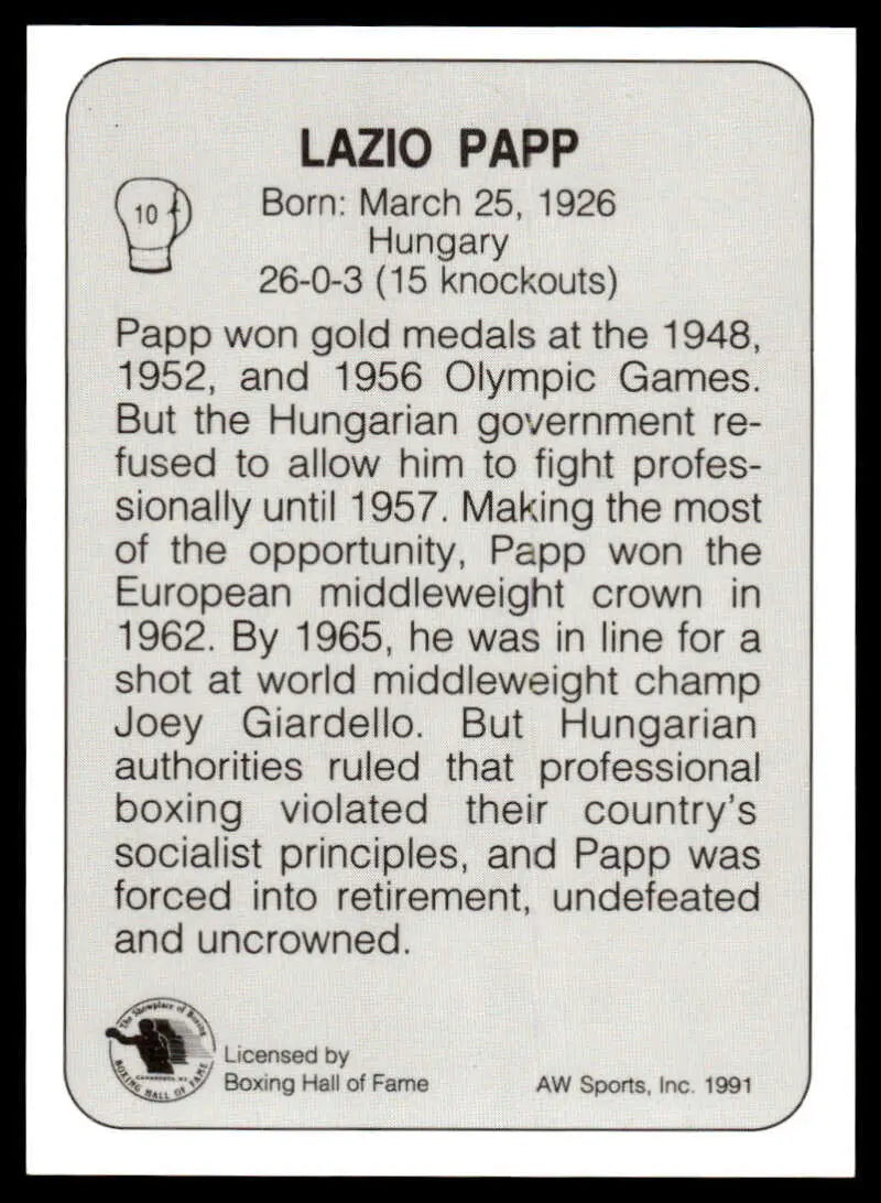 Trading card featuring biographical details about Lazlo Papp, NM-MT boxing card