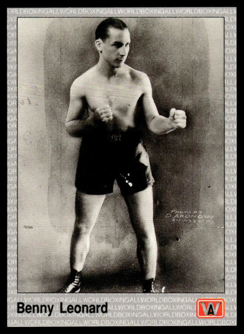 Vintage black and white boxing photograph of Benny Leonard in classic stance for boxing card