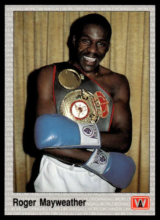 Boxer Roger Mayweather in blue gloves with championship belt on 1991 boxing card