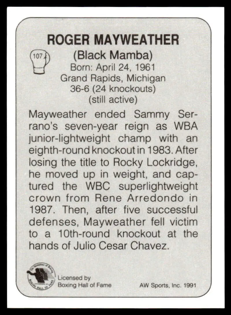 1991 All World #107 Roger Mayweather NM-MT Boxing Card featuring career highlights and stats