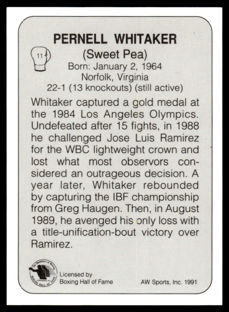 Boxing card featuring Pernell Whitaker’s biographical details and career highlights