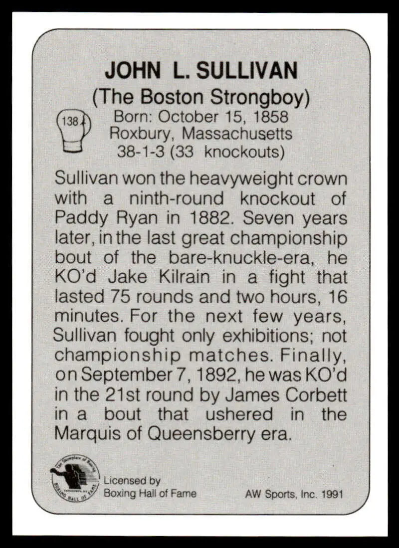 Black and white plaque highlighting John Sullivan boxing history on a NM-MT card