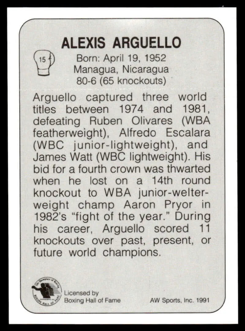 Black and white boxing card featuring Alexis Arguello NM-MT with career highlights