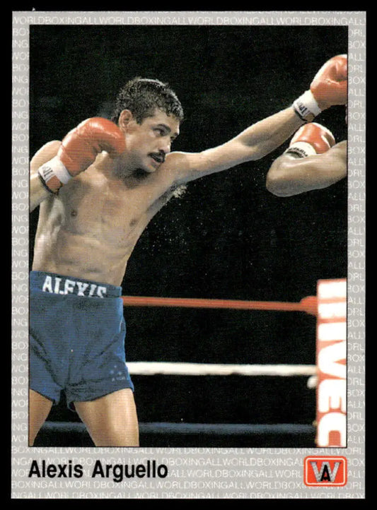 Boxer in blue shorts throwing a punch, highlighting Alexis Arguello NM-MT Boxing Card