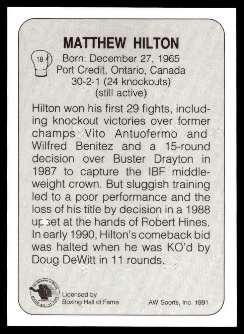 Black and white boxing card featuring Matthew Hilton’s career statistics and fight record