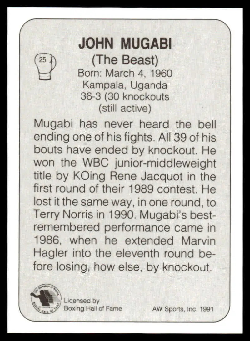 Boxing card of John Mugabi, nicknamed The Beast, showcasing career stats and achievements