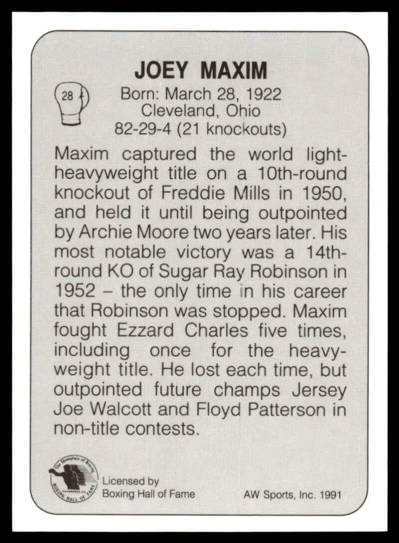 Black and white Boxing Card featuring Joey Maxim, with biographical text and statistics