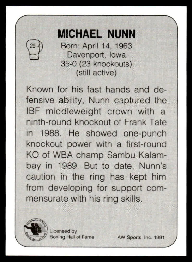 Black and white boxing card displaying Michael Nunn career statistics and achievements