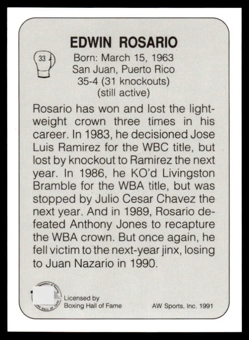 Edwin Rosario boxing card showcasing biographical data and career highlights 1983-1990