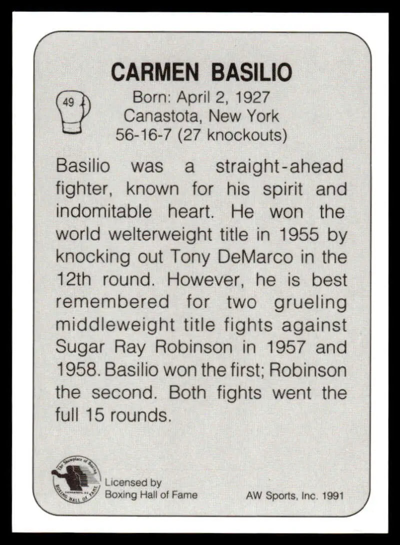Black and white boxing card featuring Carmen Basilio, welterweight champion, NM-MT condition