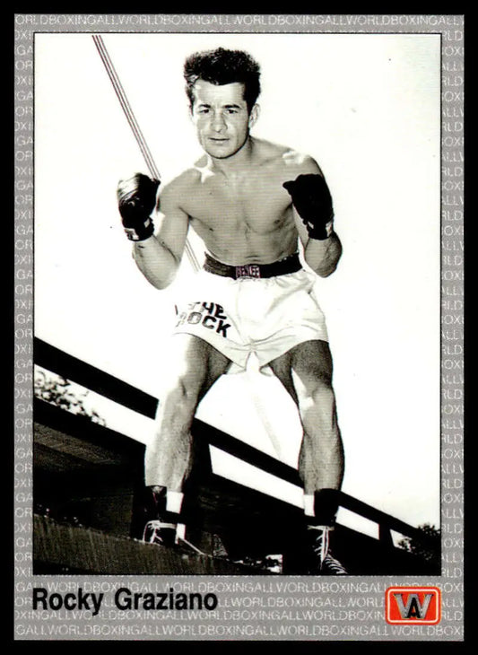 Shirtless boxer in white shorts and gloves on 1991 Rocky Graziano NM-MT Boxing Card