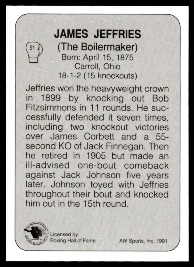 Boxing Hall of Fame plaque for heavyweight champion James Jeffries on NM-MT card