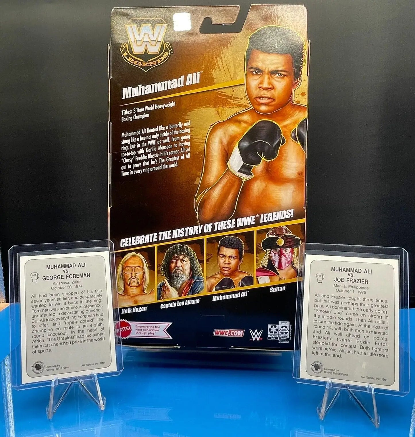 Muhammad Ali WWE Legends action figure packaging from Frazier III trading card set