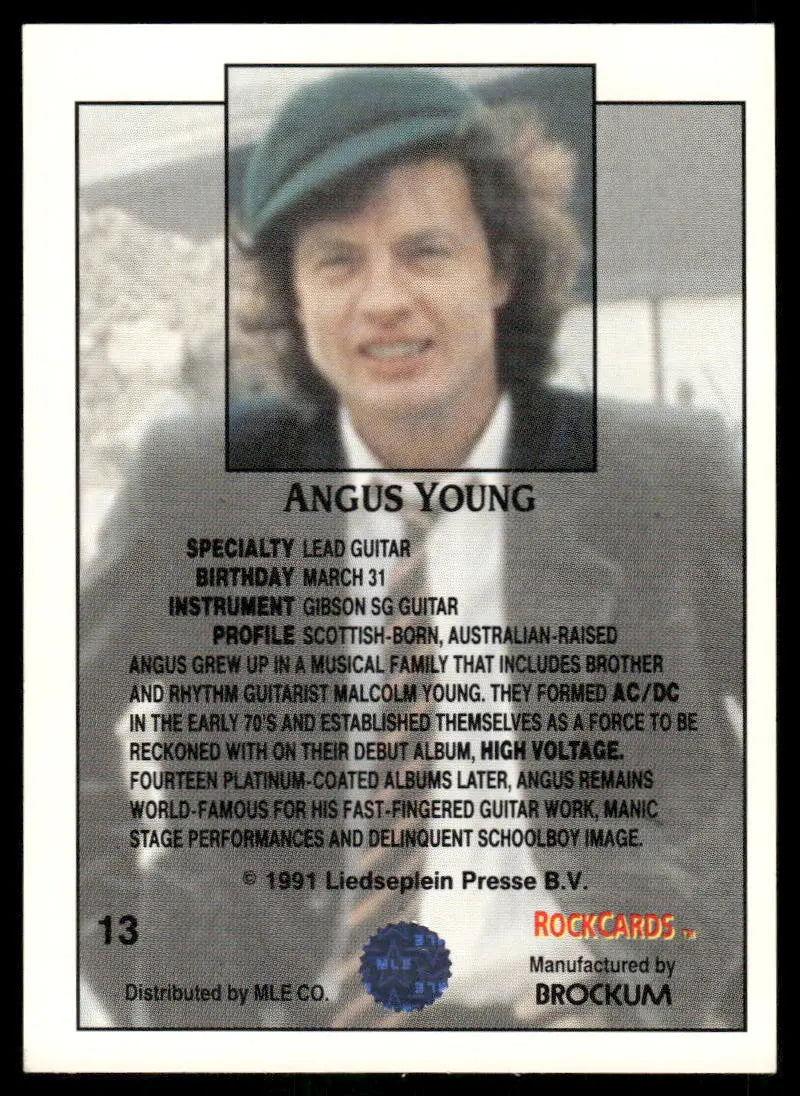 Collectible Brockum RockCards Angus featuring Angus Young with biographical details and photo