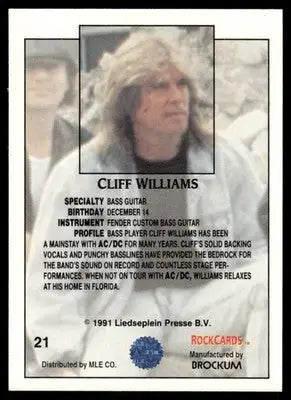 Rock band trading card featuring long-haired male musician from 1991 Brockum RockCards Cliff Williams series