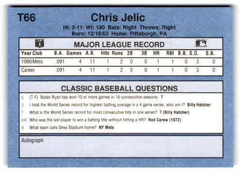Original gloss T66 Chris Jelic baseball card from 1991 Classic I Mets ID 77269