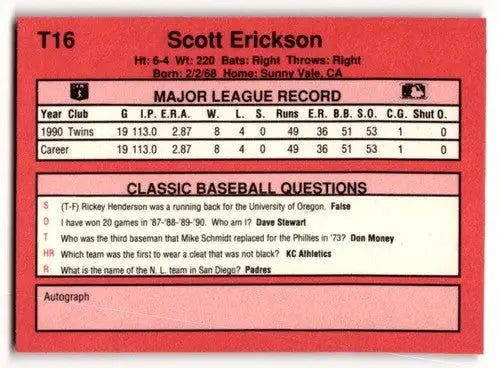 1991 Classic II #T16 Scott Erickson Minnesota Twins Baseball Cards ID:52719 - Baseball Cards