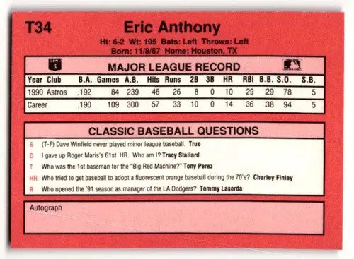 1991 Classic II #T34 Eric Anthony Houston Astros Baseball Cards ID:52748 - Baseball Cards