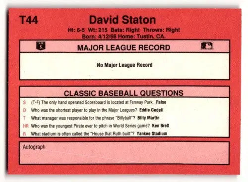 1991 Classic II #T44 Dave Staton San Diego Padres Baseball Cards ID:52765 - Baseball Cards