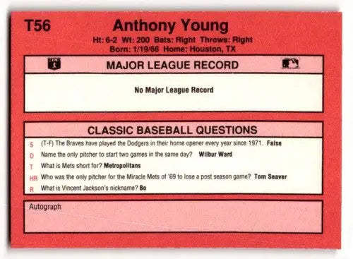 1991 Classic II #T56 Anthony Young New York Mets Baseball Cards ID:52755 - Baseball Cards