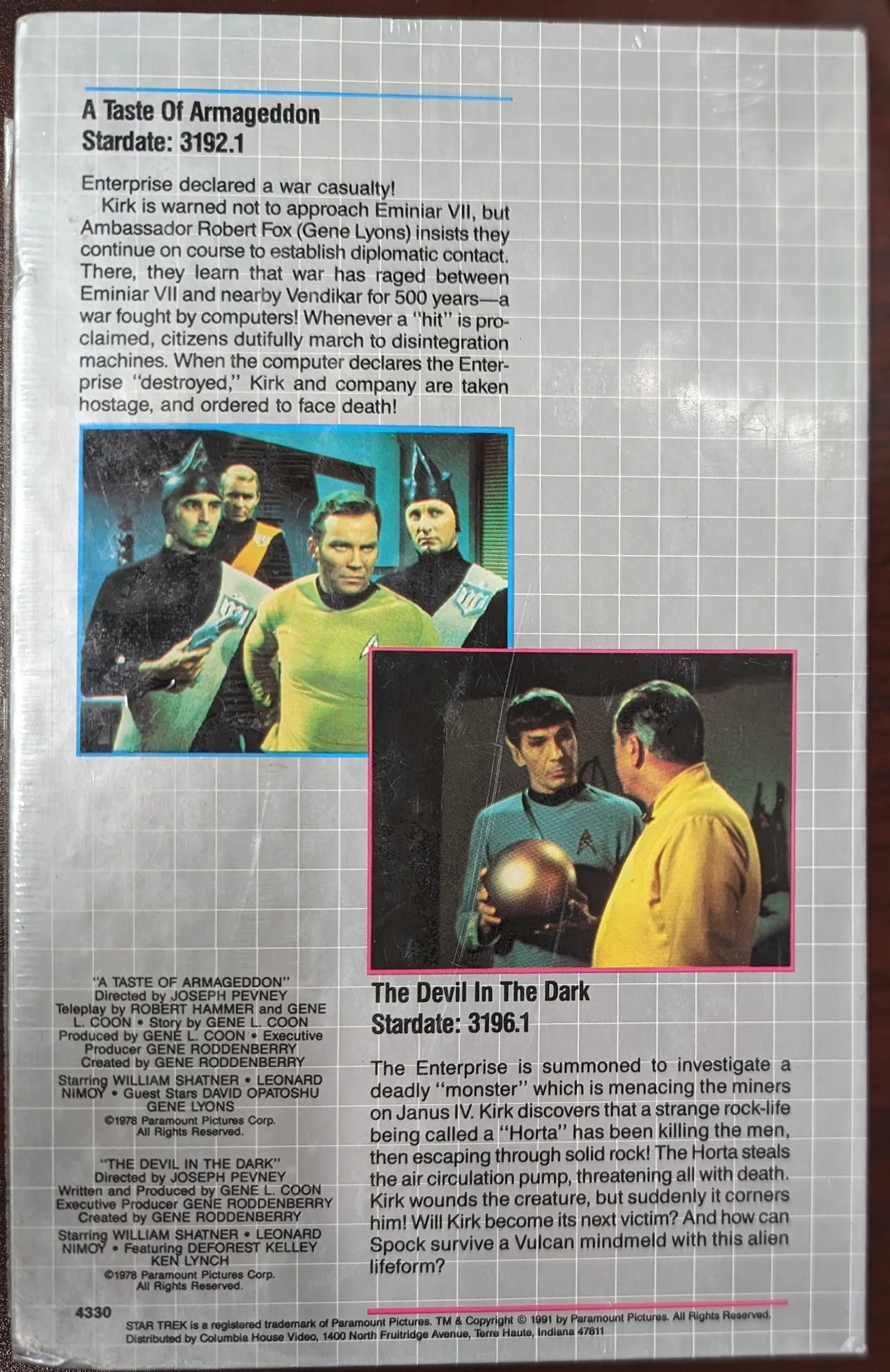 Book page highlighting Star Trek episodes in 1991 Columbia House Star Trek VHS