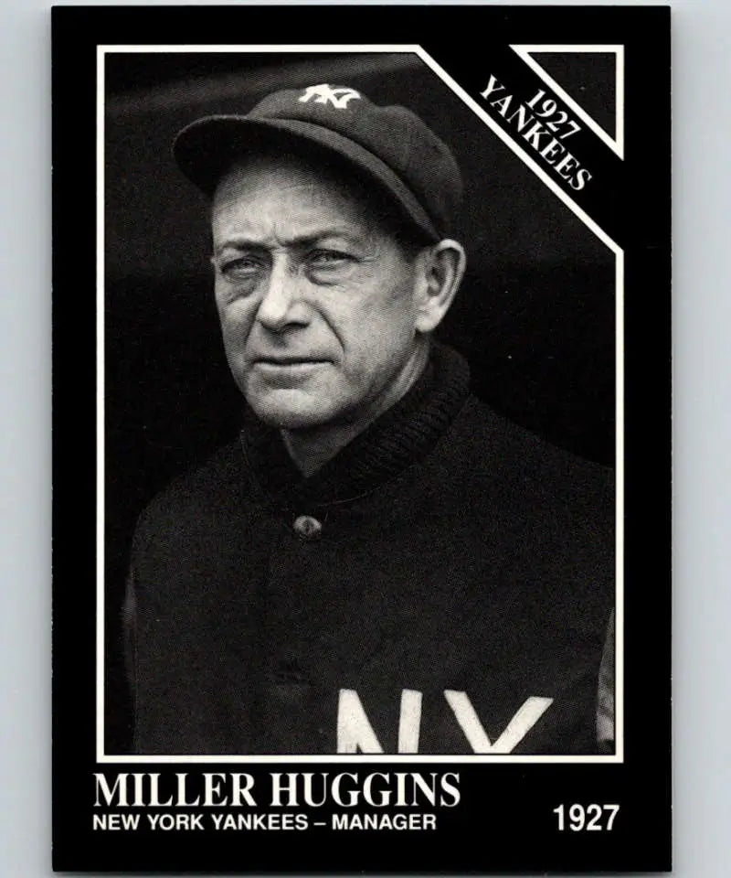 Black and white photo of Miller Huggins in Yankees cap, featured in Conlon Collection card