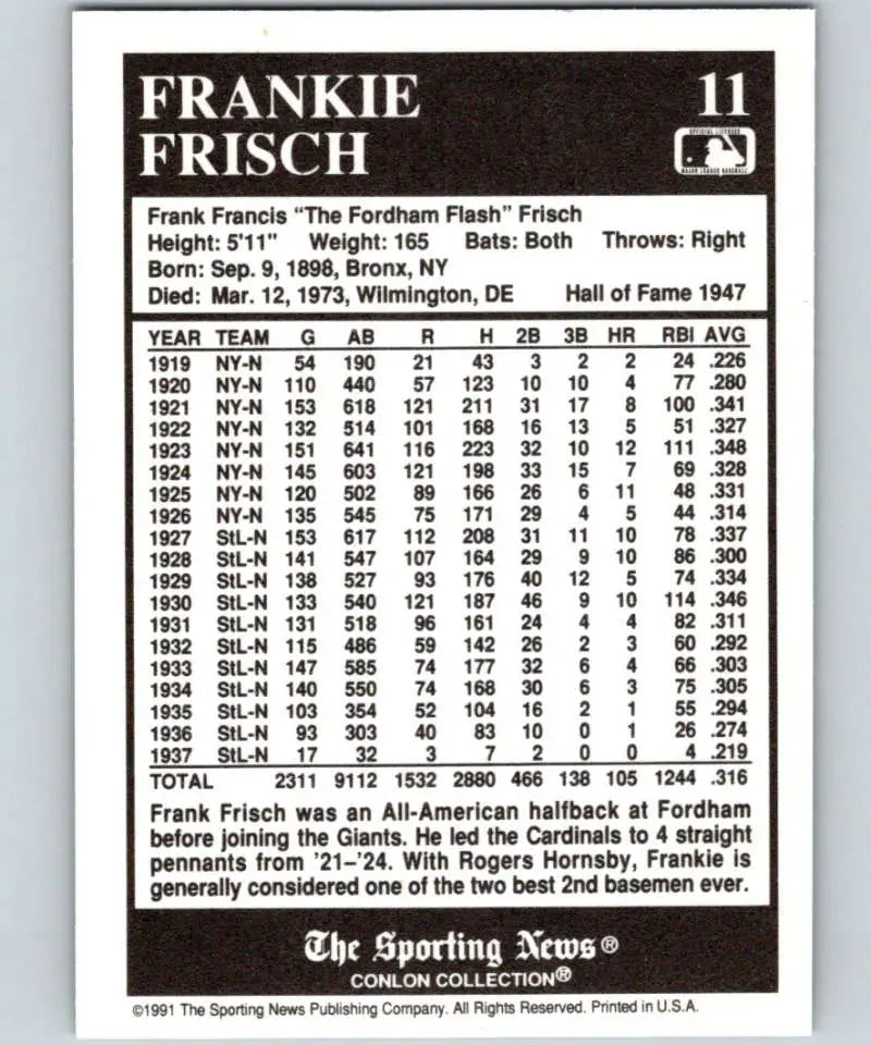 Baseball card featuring Hall of Famer Frankie Frisch’s stats for St. Louis Cardinals