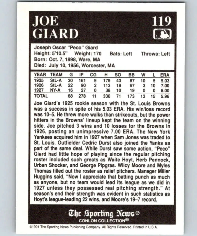 Joe Giard baseball card with stats from the 1991 Conlon Collection, New York Yankees