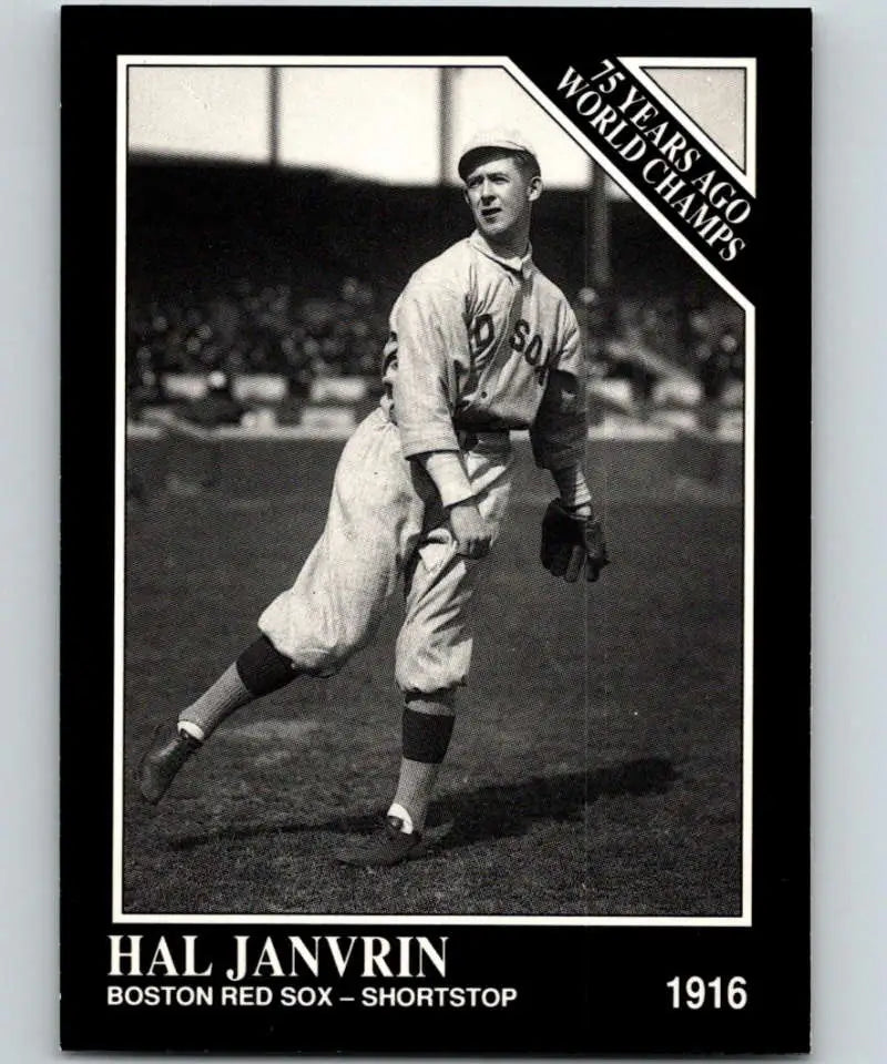 Black and white Boston Red Sox baseball card of Hal Janvrin pitching in 1916 uniform
