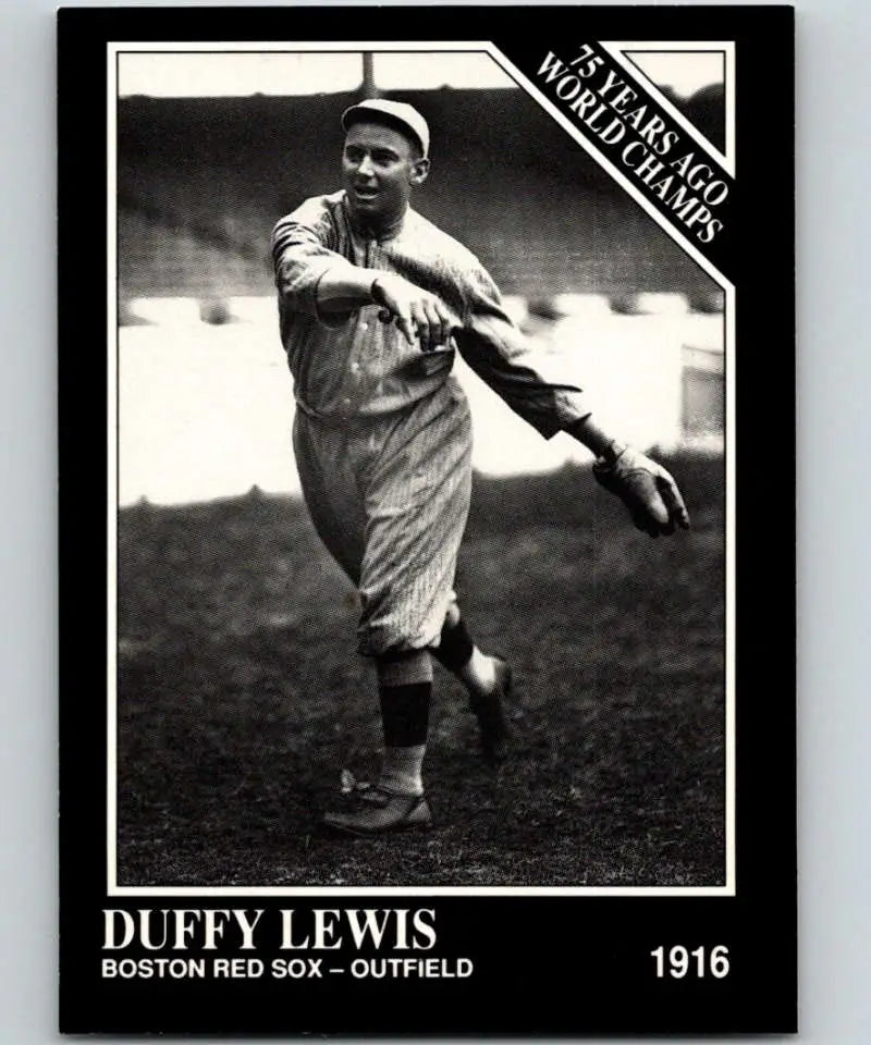 Black and white Boston Red Sox baseball card of Duffy Lewis in throwing motion 1916