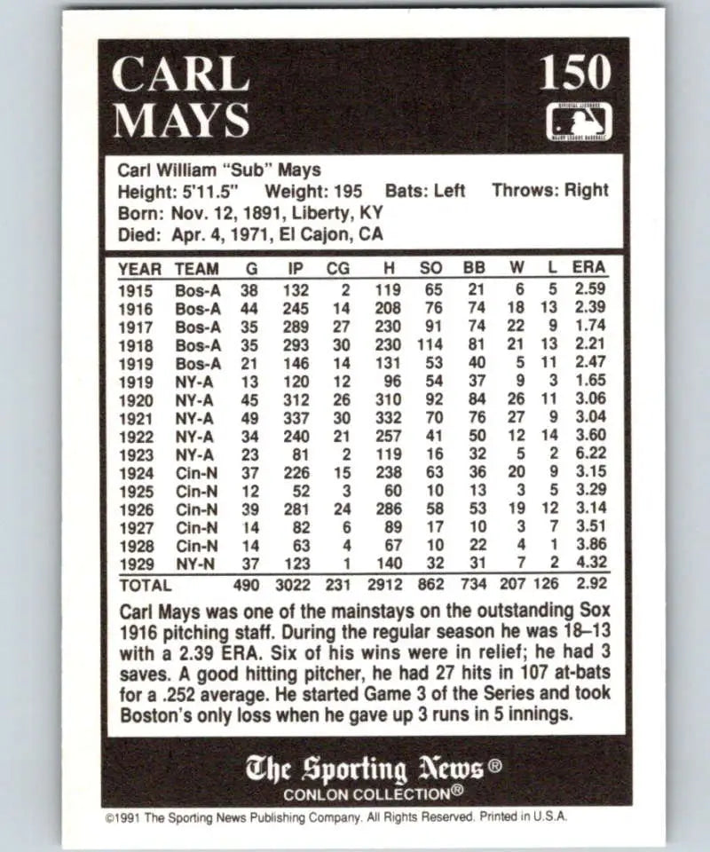 Baseball card featuring Carl Mays career stats from the Conlon Collection Red Sox