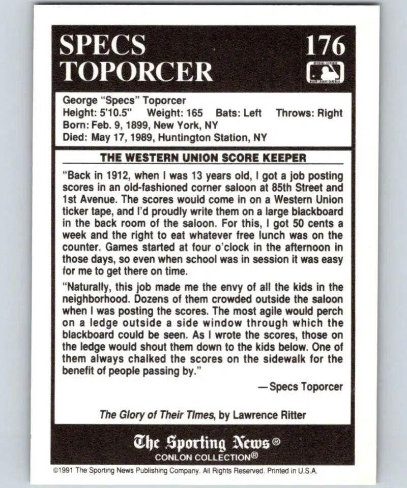 Back of 1991 Conlon Collection #176 Specs Toporcer Baseball Card with St. Louis Cardinals stats