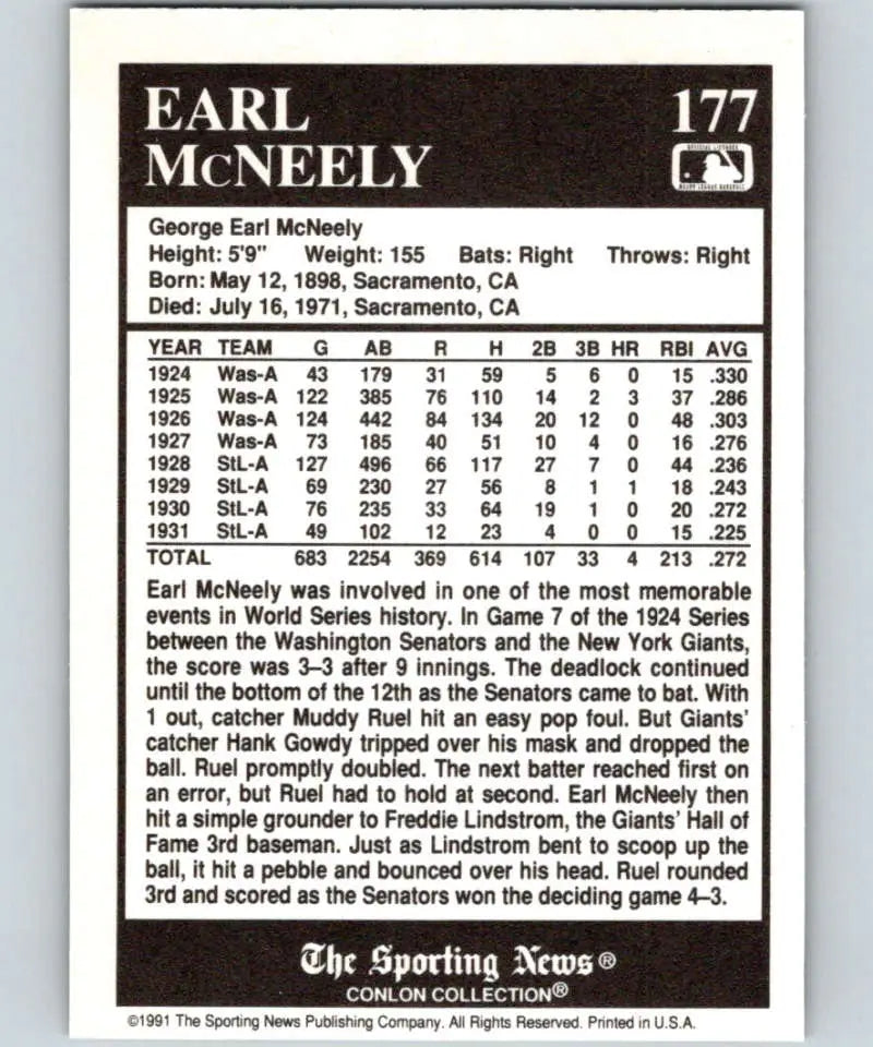 Earl McNeely career stats on 1991 Conlon Collection St. Louis Browns baseball card
