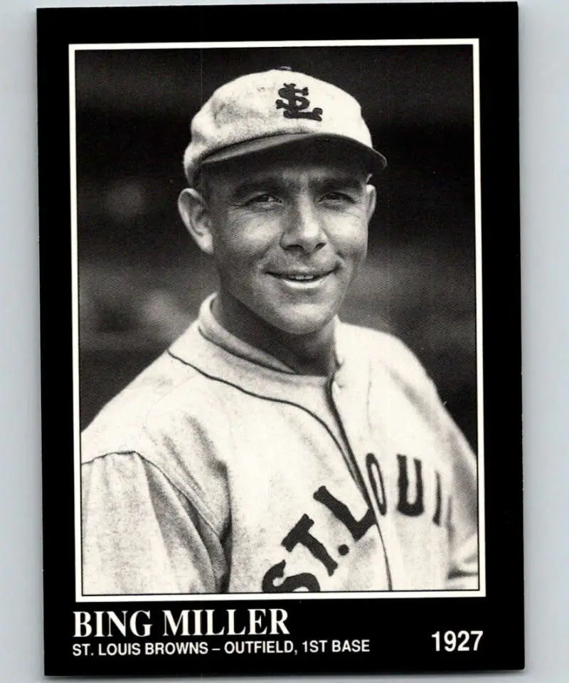 Black and white baseball card of Bing Miller from the 1927 St. Louis Browns Conlon Collection