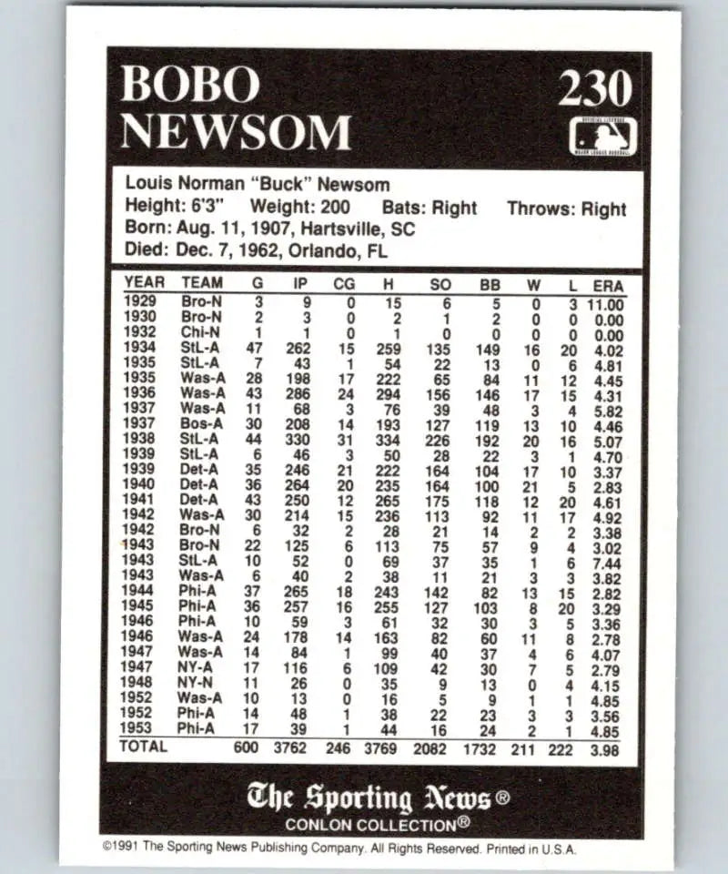 Bobo Newsom baseball card featuring career statistics from the St. Louis Browns