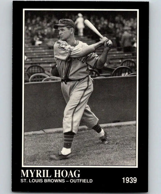 Black and white baseball card of Myril Hoag in St. Louis Browns uniform batting stance